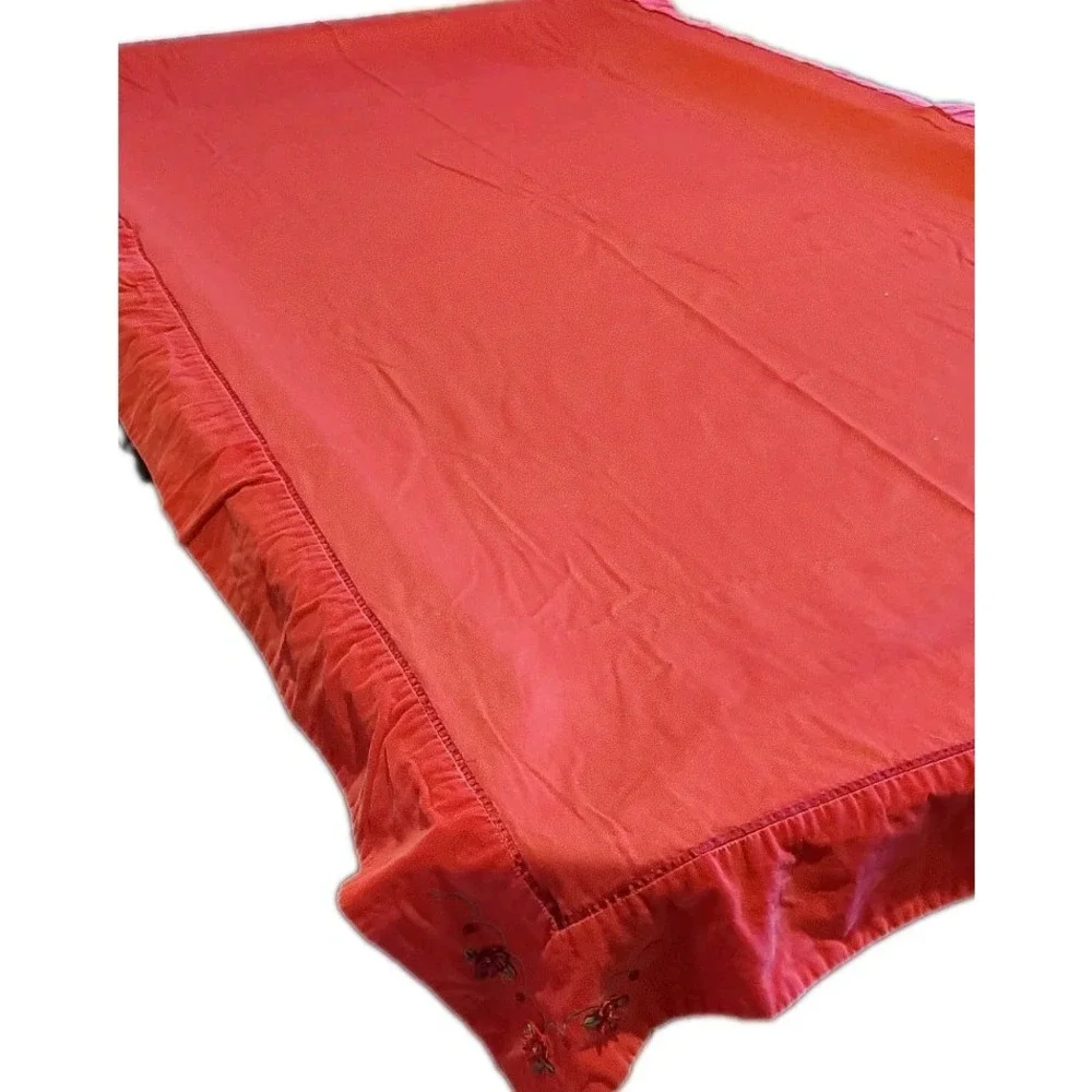 Christmas Cotton Tablecloth Velvet Trim Ribbon Poinsettia Embroidery 58x111